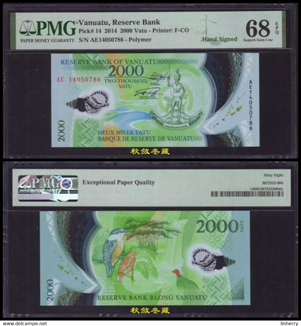 Vanuatu 2000 Vatu(2014), Handsigned, AE Last Prefix, Ending Number 786, Polymer, PMG66 - Vanuatu