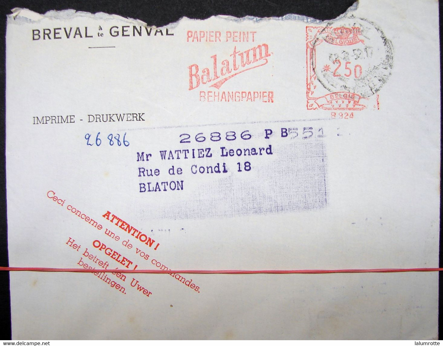 MA. 2. Affranchissement Mécanique. Papier Peint Balatum Breval à Genval - ...-1959