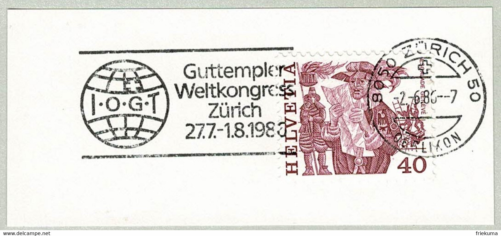 Schweiz / Helvetia 1986, Flaggenstempel Guttempler Weltkongress Zürich, Abstinenz, Alkohol, Drogen, Good Templars - Drogue