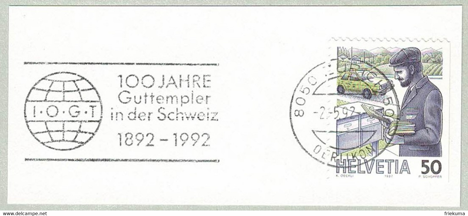 Schweiz / Helvetia 1992, Flaggenstempel Guttempler Zürich, Abstinenz, Alkohol, Drogen, Good Templars - Drugs