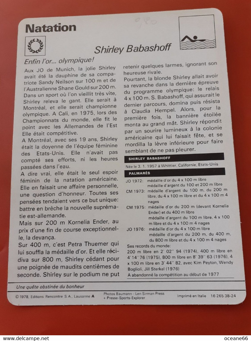 Fiche Rencontre Shirley Babashoff Natation - Natación