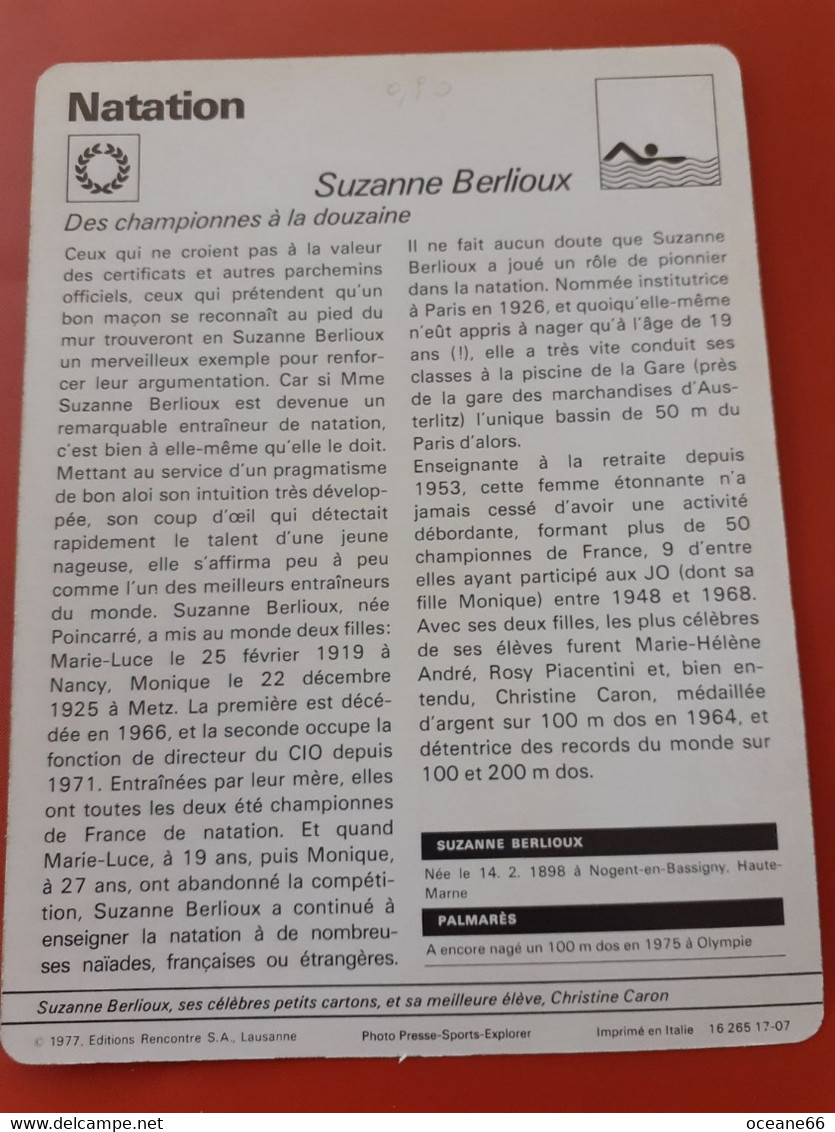 Fiche Rencontre Suzanne Berlioux Natation - Swimming