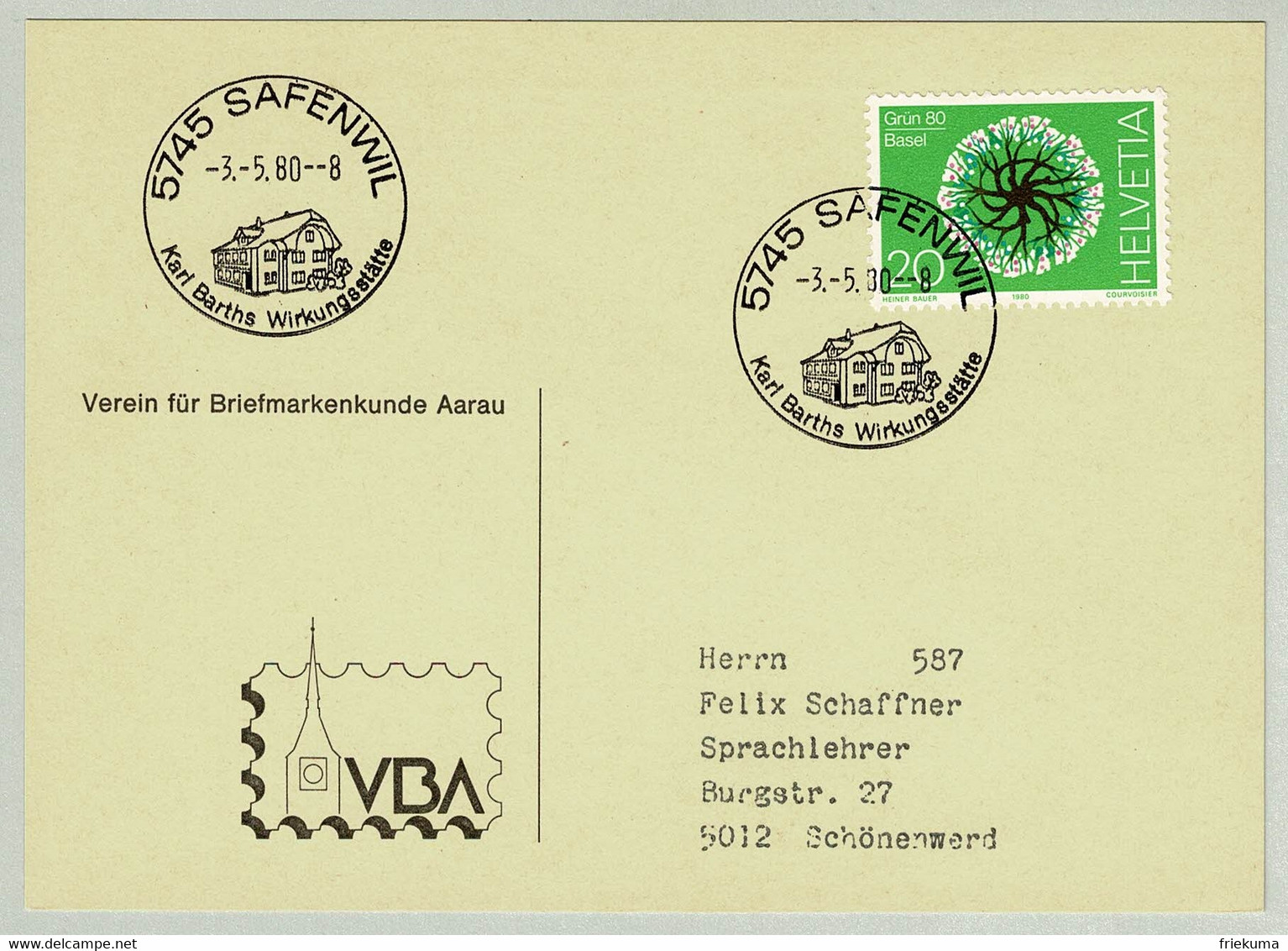 Schweiz / Helvetia 1980, Postkarte Safenwil - Schönenwerd, Karl Barth, Theologe - Theologians