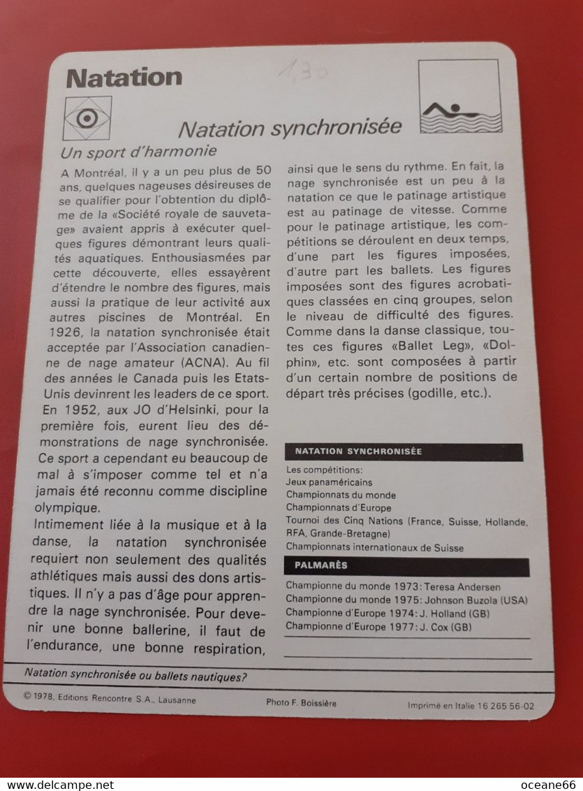 Fiche Rencontre Natation Synchronisée - Swimming