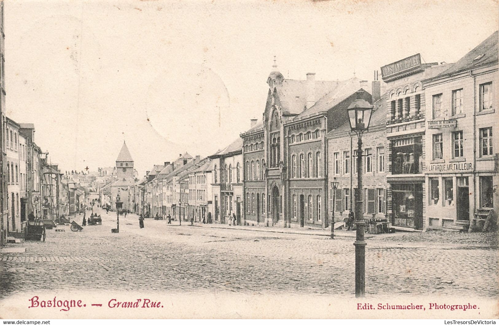 CPA - Belgique - Bastogne - Grand' Rue - Edit. Schumacher - Oblitération Etoile Redu 1908 - Animé - Clocher - Bastogne