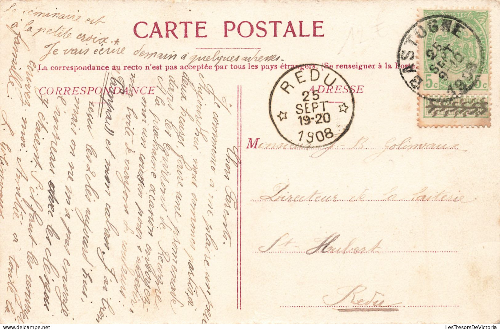 CPA - Belgique - Bastogne - Grand' Rue - Edit. Schumacher - Oblitération Etoile Redu 1908 - Animé - Clocher - Bastenaken