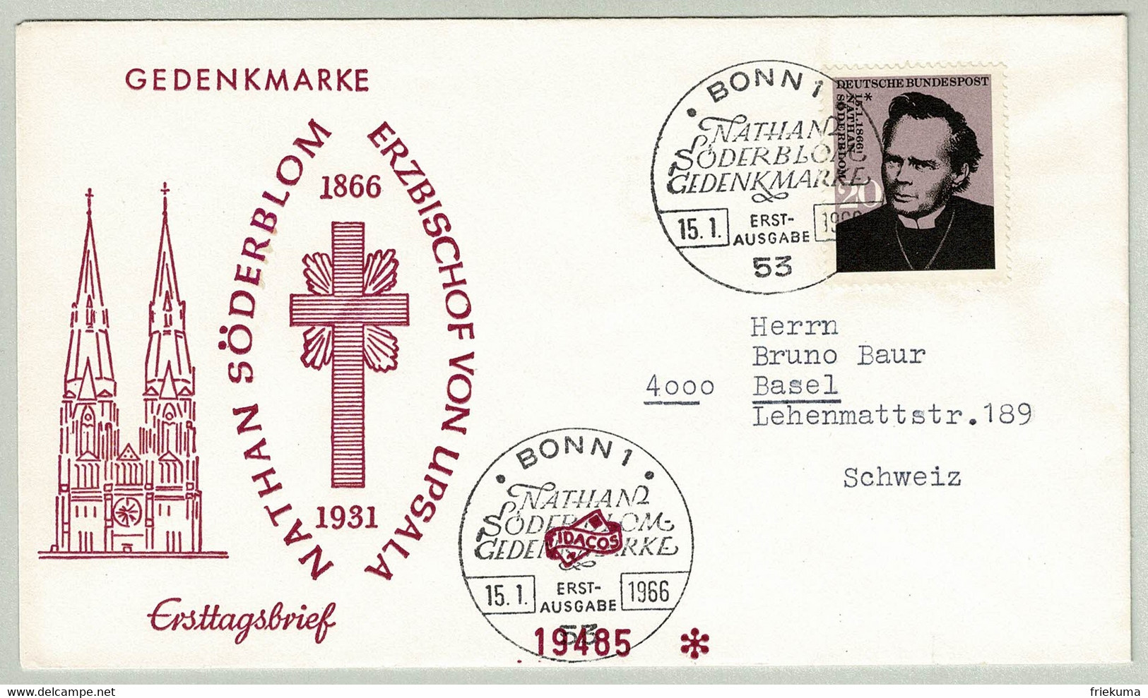 Deutsche Bundespost 1966, Brief Ersttag Nathan Söderblom Bonn - Basel, Lutherisch, Friedensnobelpreis, Oekumene - Theologians