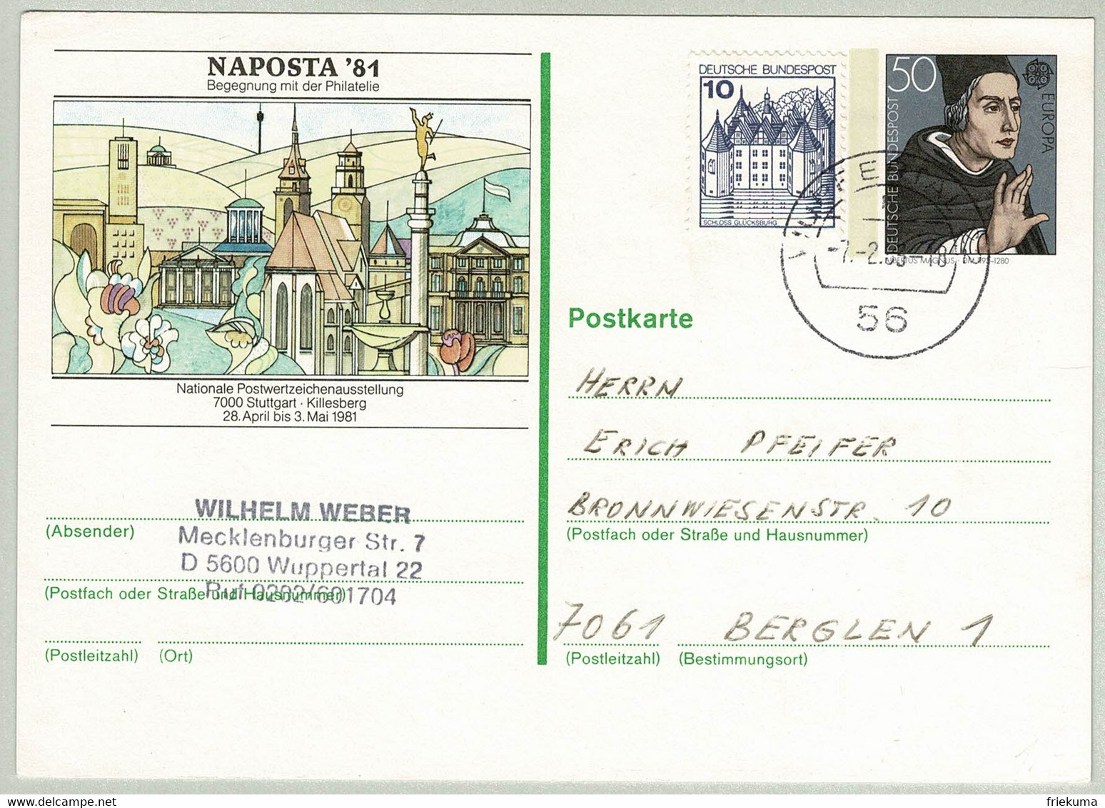 Deutsche Bundespost 1983, Ganzsachenkarte Naposta 81 Wuppertal - Berglen, Albertus Magnus, Gelehrter, Bischof - Theologians