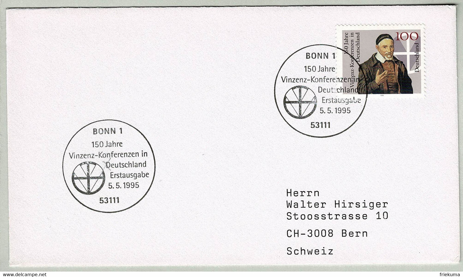 Deutschland 1995, Brief Ersttag Vinzenz-Konferenzen Bonn - Bern (Schweiz),Laienorganisation, Gemeinschaft - Theologen