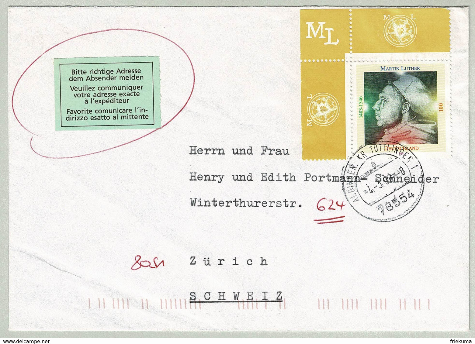 Deutschland 1996, Brief Aldingen - Zürich (Schweiz), Martin Luther, Reformator - Théologiens