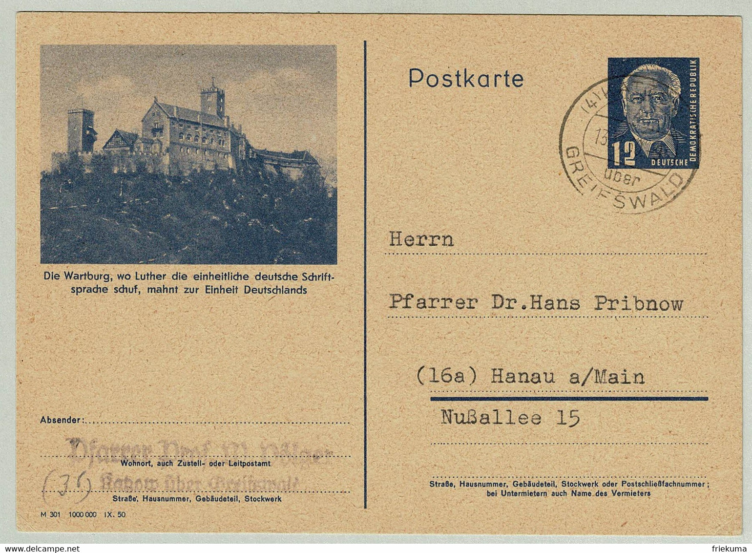 DDR 1950, Bildpostkarte Wartburg Katzow - Hanau, Luther, Sprache - Theologen