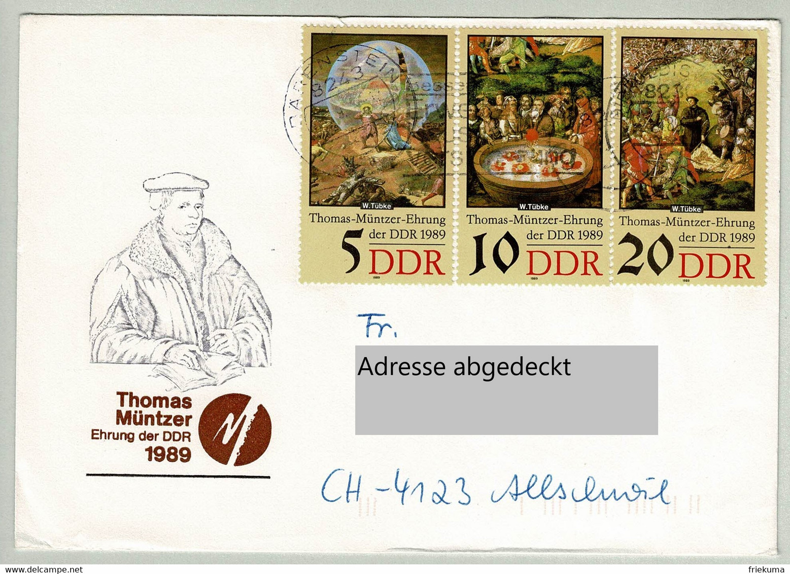 DDR 1989, Brief Bärenstein - Allschwil, Thomas Müntzer, Reformator - Teologi