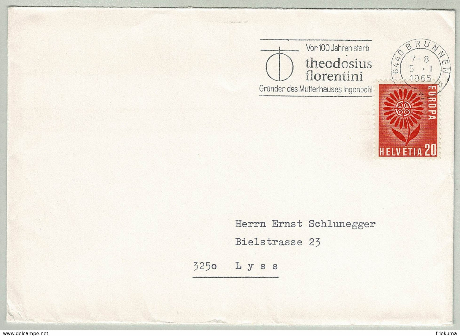 Schweiz / Helvetia 1965, Brief Brunnen - Lyss, Pater Theodosius Florentini, Gründer Kloster Ingenbohl - Theologians