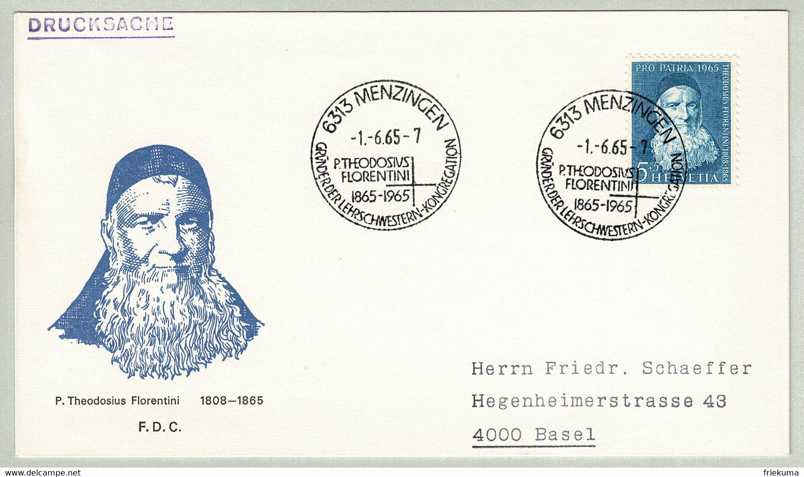 Schweiz / Helvetia 1965, Brief Menzingen - Basel, Pater Theodosius Florentini, Kapuziner, Pro Patria - Teologi