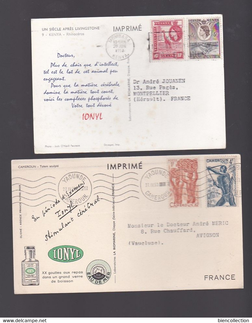 41 cartes publicitaires Ionyl avec affranchissement philatélique; colonies Françaises, Anglaises, Groenland, Syrie, Iran