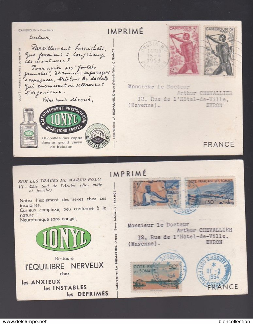 41 cartes publicitaires Ionyl avec affranchissement philatélique; colonies Françaises, Anglaises, Groenland, Syrie, Iran