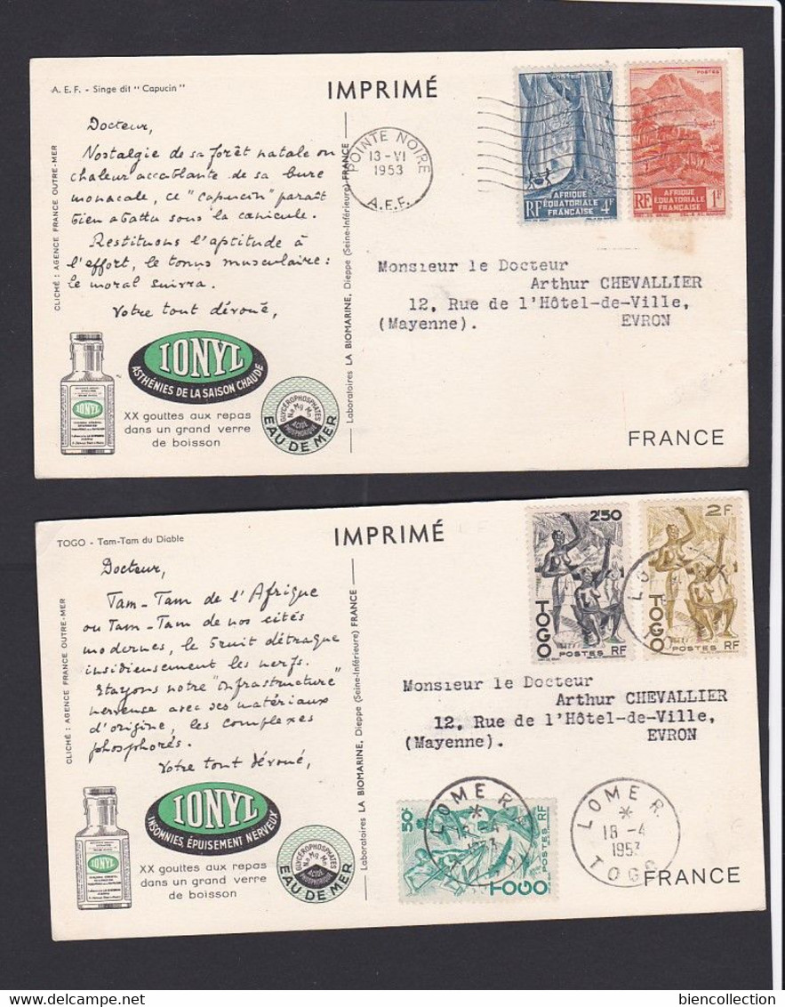 41 cartes publicitaires Ionyl avec affranchissement philatélique; colonies Françaises, Anglaises, Groenland, Syrie, Iran