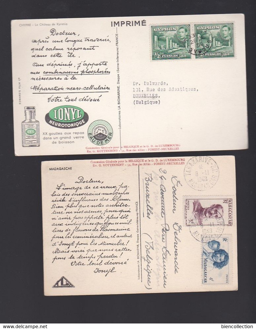 41 cartes publicitaires Ionyl avec affranchissement philatélique; colonies Françaises, Anglaises, Groenland, Syrie, Iran
