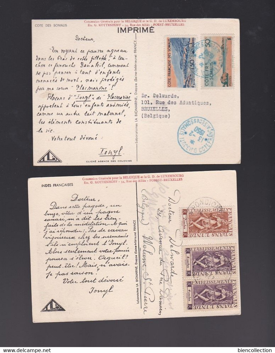 41 cartes publicitaires Ionyl avec affranchissement philatélique; colonies Françaises, Anglaises, Groenland, Syrie, Iran