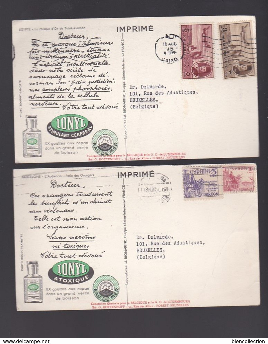 41 cartes publicitaires Ionyl avec affranchissement philatélique; colonies Françaises, Anglaises, Groenland, Syrie, Iran