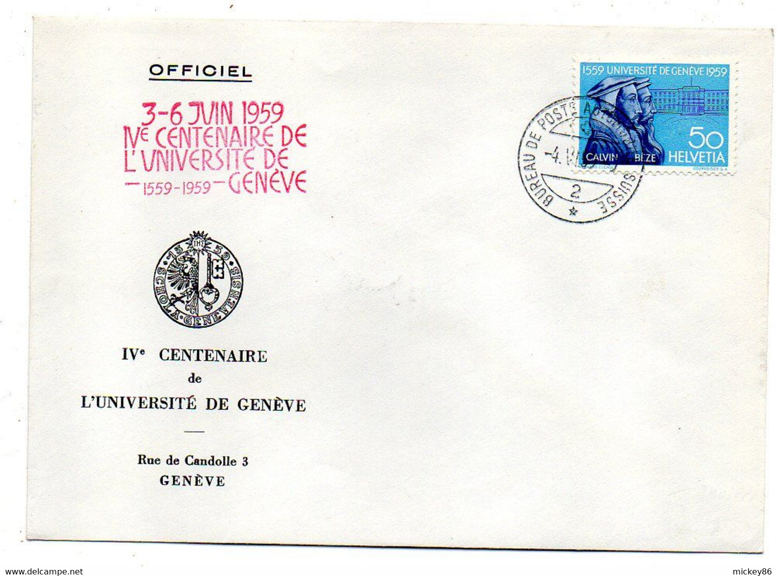 SUISSE -1959--GENEVE--IV° Centenaire Université .timbre..cachet "bureau De Poste Automobile"..à Saisir - Lettres & Documents