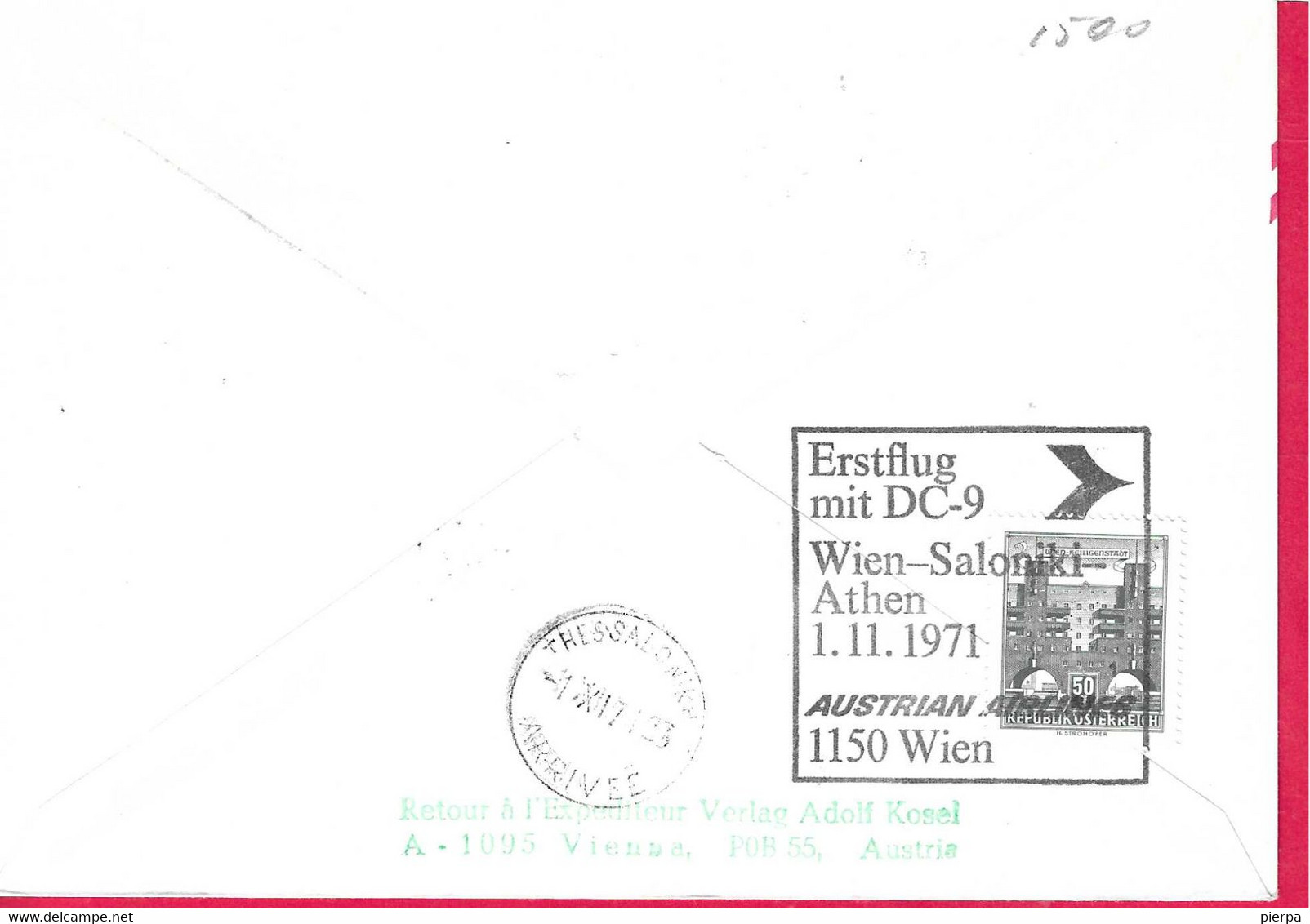 AUSTRIA - ERSTFLUG DC-9 AUA FROM WIEN TO SALONIKI *1.11.1971* ON OFFICIAL ENVELOPE - Premiers Vols