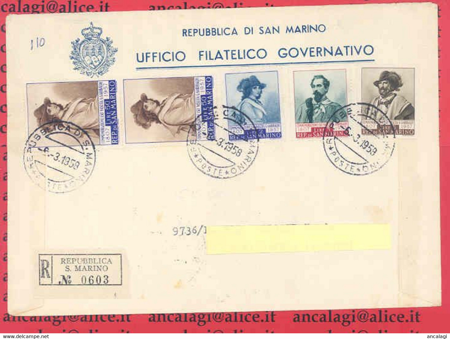 SAN MARINO 1958 - St.Post.022 - Busta Raccomandata 1°por. "GARIBALDI" - Vedi Descrizione - - Brieven En Documenten