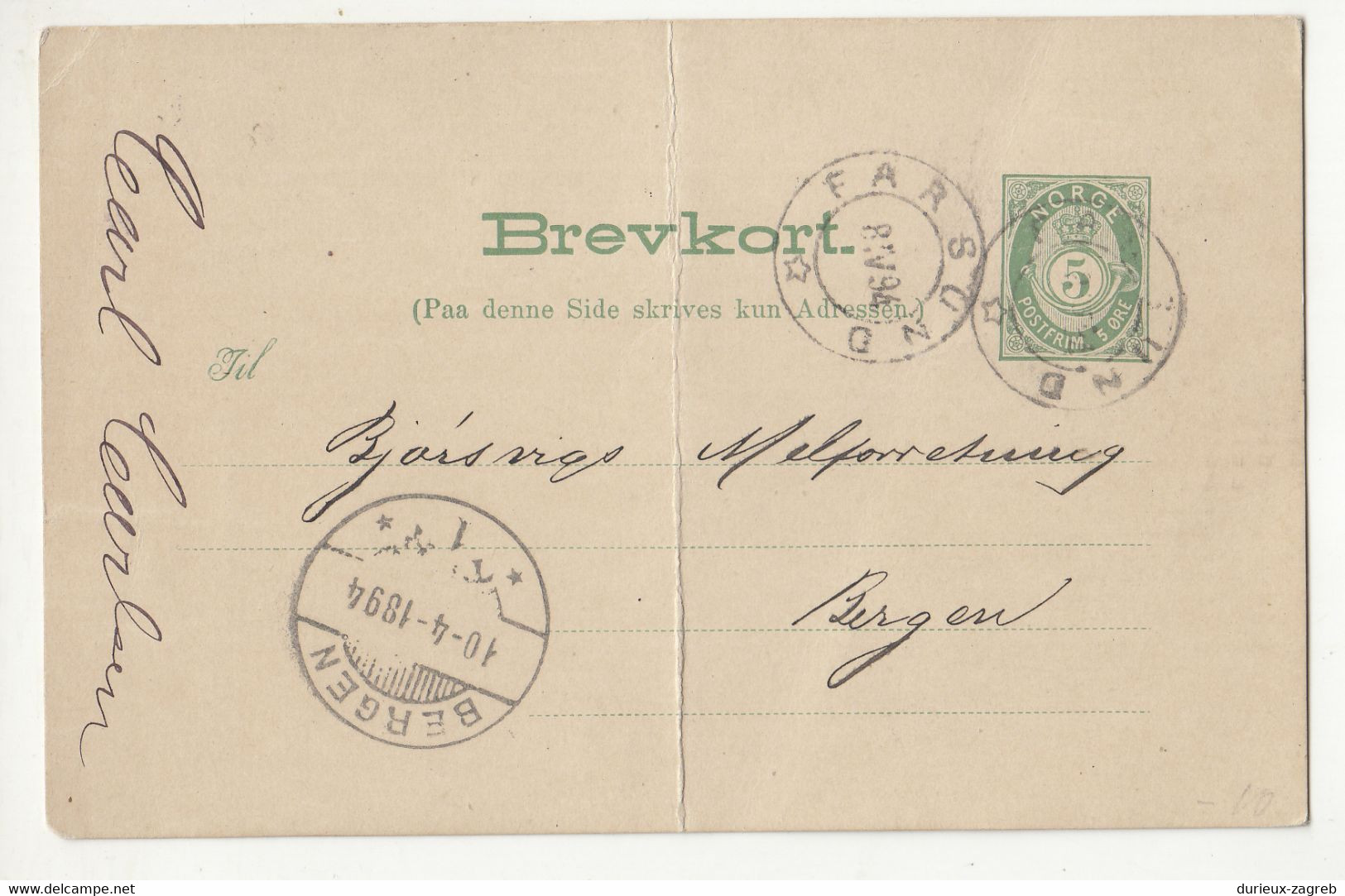 Norway Old Postal Stationery Postcard Posted 1894 Farsund To Bergen B230120 - Enteros Postales