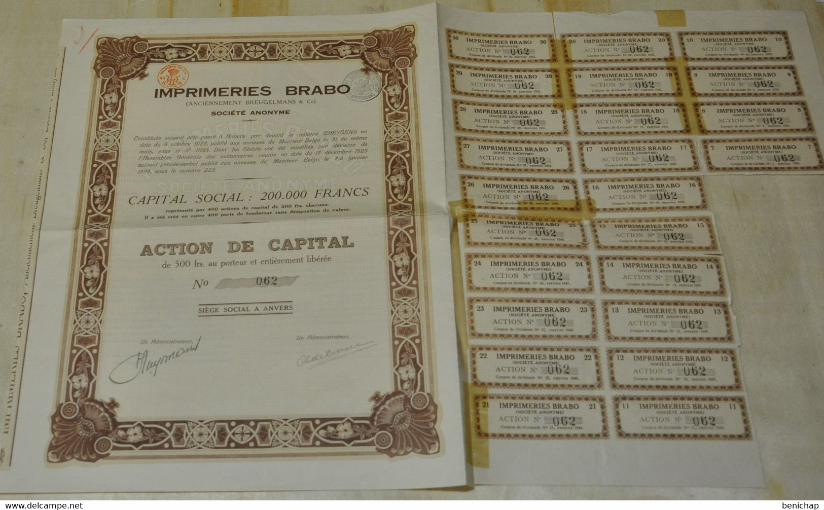 Imprimeries BRABO - Breugelmans & Co - S.A. - Action De Capital De 500 Frs. Au Porteur - Anvers Janvier 1924. - Industrie
