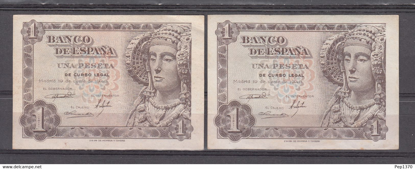 PAREJA CONSECUTIVA DE BILLETES DE 1 PESETAS DE 1948 - SIN CIRCULAR - DAMA DE ELCHE - 1-2 Pesetas