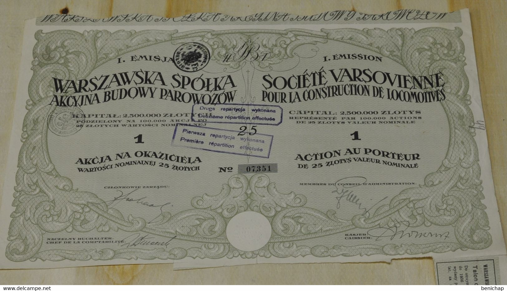 Société Varsovienne Pour La Construction De Locomotives - Action Au Porteur De 25 Zlotys Valeur Nominale - Varsovie 1936 - Chemin De Fer & Tramway