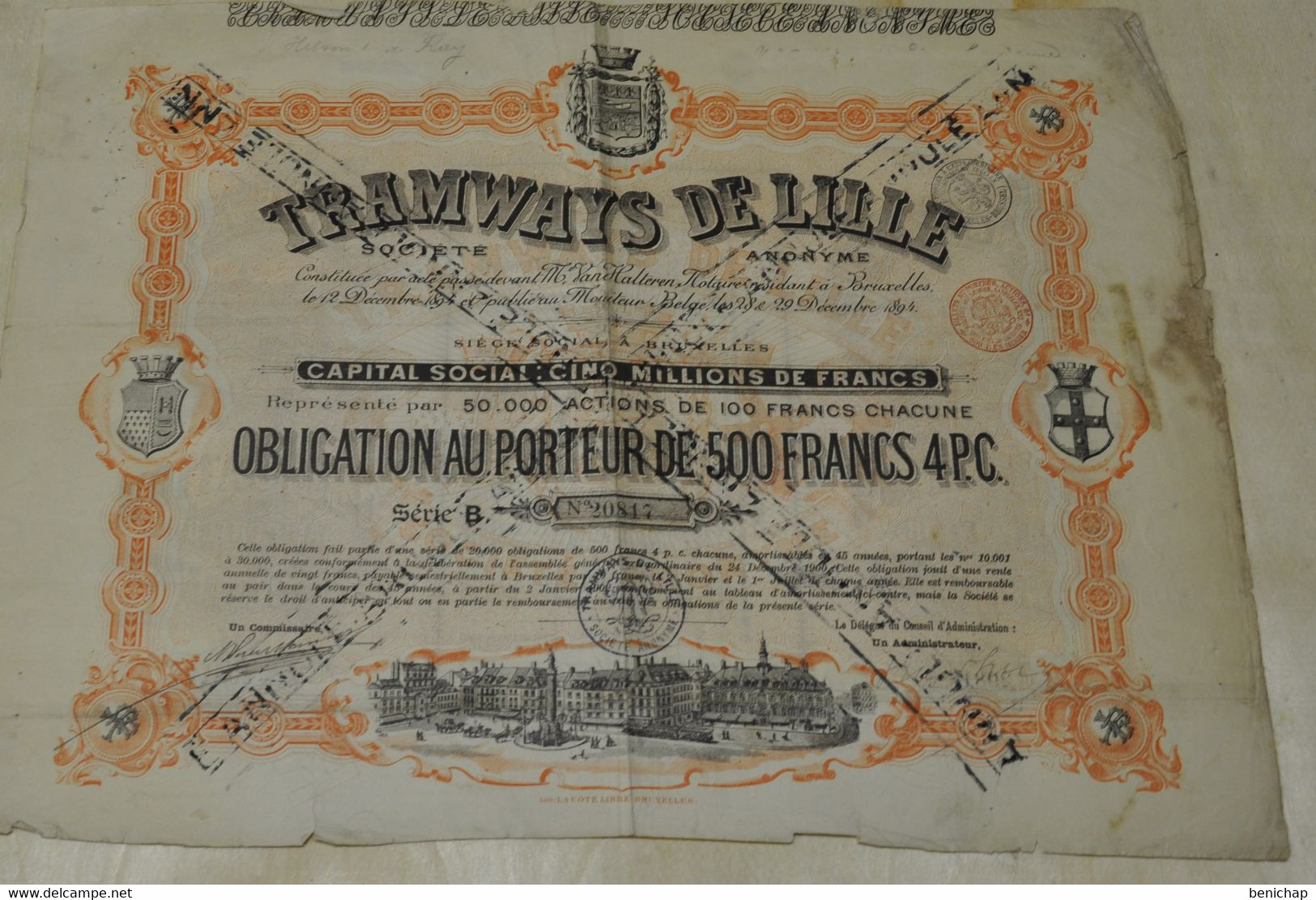 Tramways De Lille S.A. - Obligation Au Porteur De  500 Frs. 4 % - Série B - Bruxelles 1894 - Chemin De Fer & Tramway