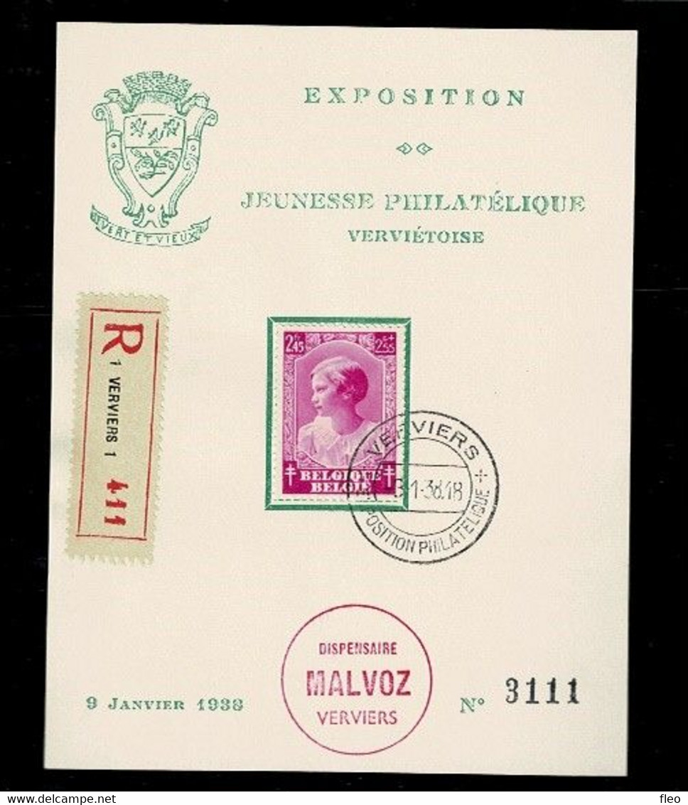 BELG.1938 SOUVENIR EXPOSITION JEUNESSE PHILATELIQUE VERVIETOISE AVEC CAD VERVIERS DU 09/01/1938 N° 198 - ....-1951