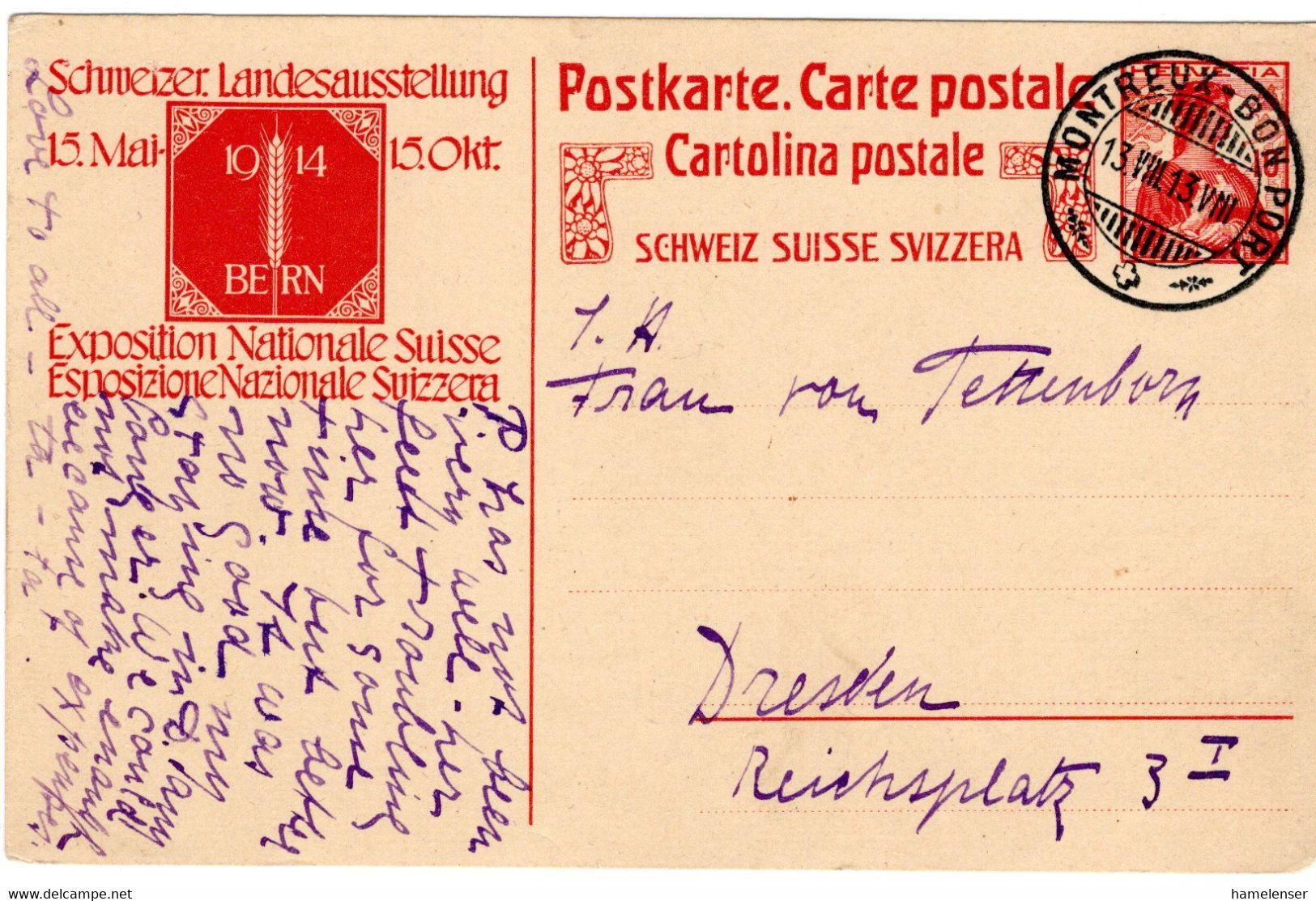 63562 - Schweiz - 1913 - 10Rp GAKte Landesausstellung '14 MONTREUX -> Deutschland - Cartas & Documentos