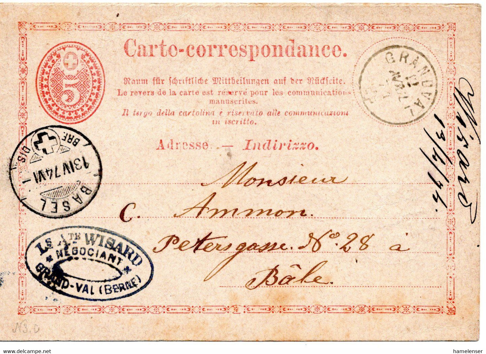 63567 - Schweiz - 1874 - 5Rp GAKte GRANDVAL -> BASEL - Briefe U. Dokumente