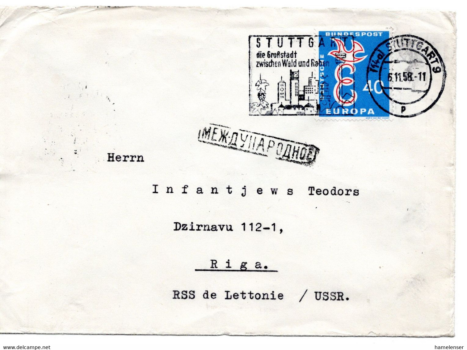 63574 - Bund - 1958 - 40Pfg CEPT '58 EF A Bf STUTTGART - STUTTGART ... -> RIGA (UdSSR) - Lettres & Documents