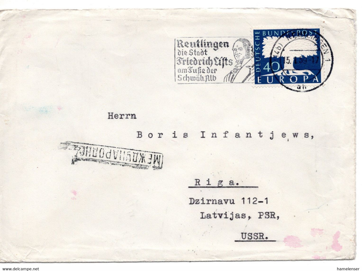 63576 - Bund - 1959 - 40Pfg CEPT '57 EF A Bf REUTLINGEN - ... FRIEDRICH LIST ... -> RIGA (UdSSR) - Lettres & Documents