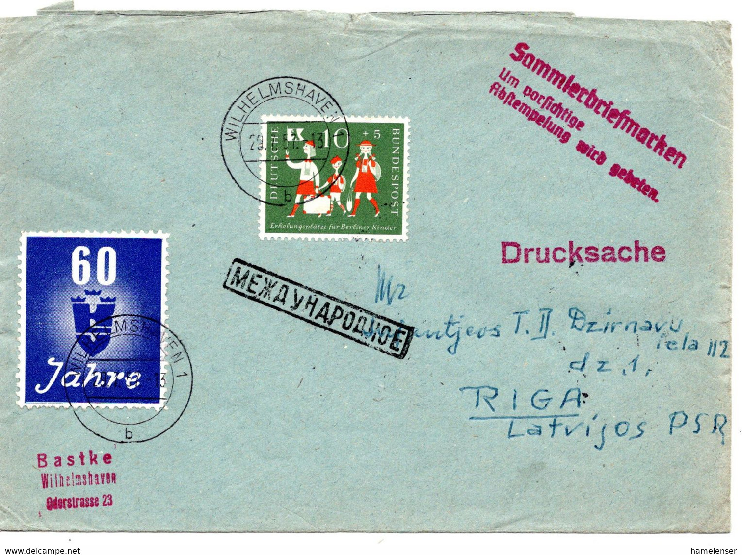 63578 - Bund - 1957 - 10Pfg Berliner Kinder EF A DrucksBf WILHELMSHAVEN -> RIGA (UdSSR) - Lettres & Documents