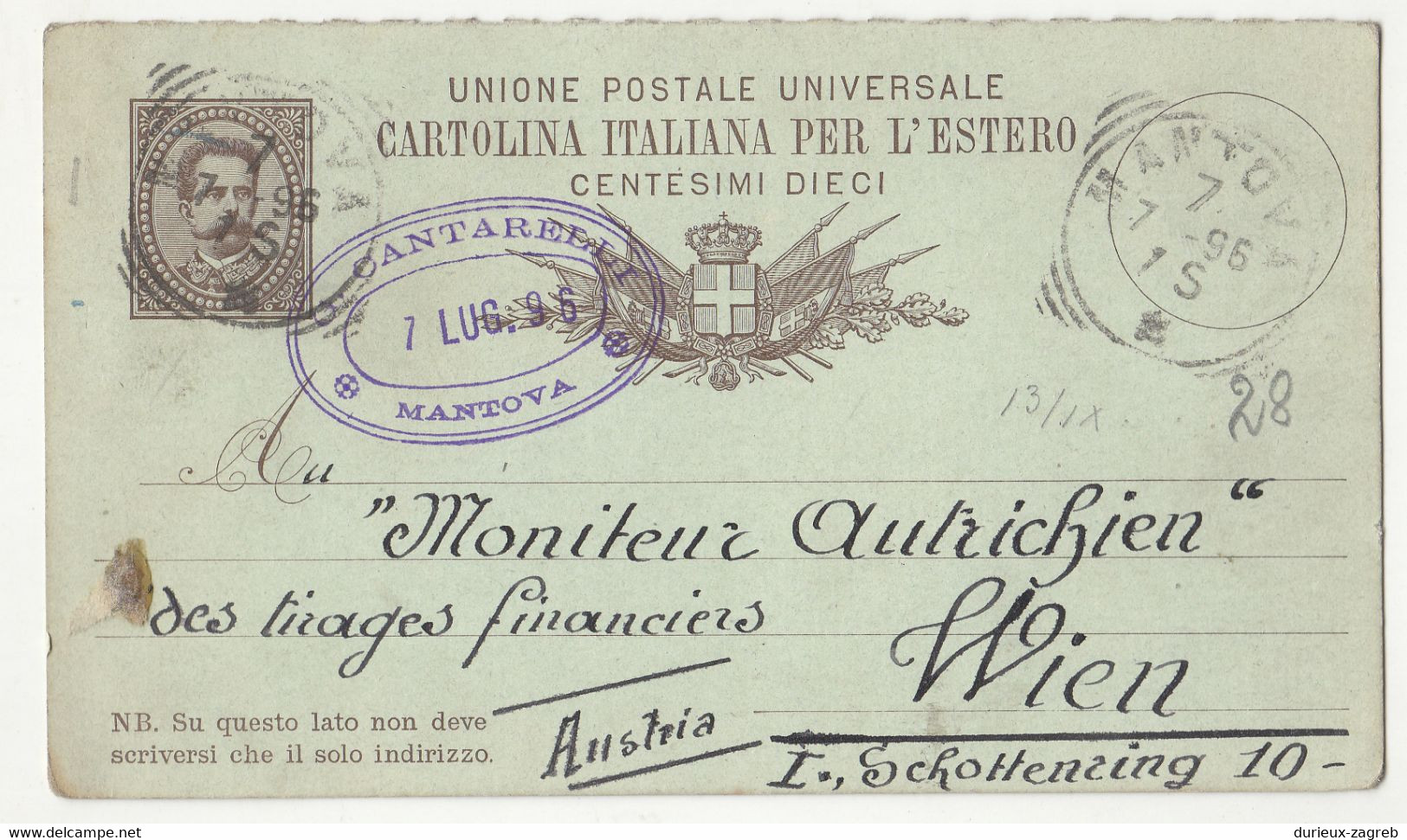Italy Postal Stationery Postcard Posted 1896 Cantarelli Mantova To Wien B230120 - Entiers Postaux