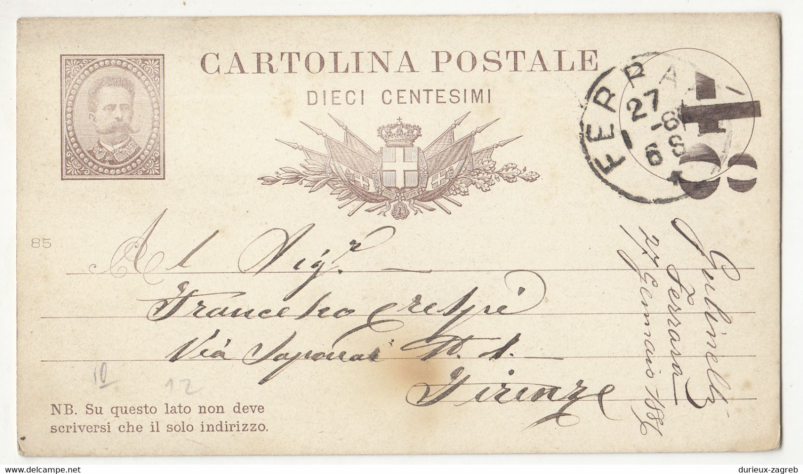 Italy Postal Stationery Postcard Posted 1886 Ferrara B230120 - Entiers Postaux