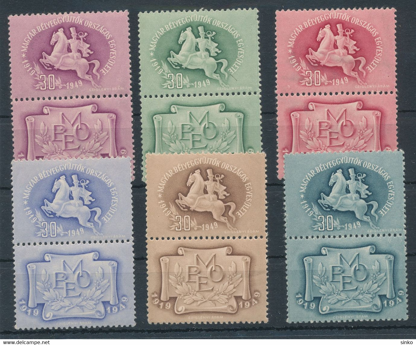 1949. 6 Commemorative Stamps Issued For The 30th Anniversary Of The National Association Of Hungarian Stamp Collectors - Foglietto Ricordo