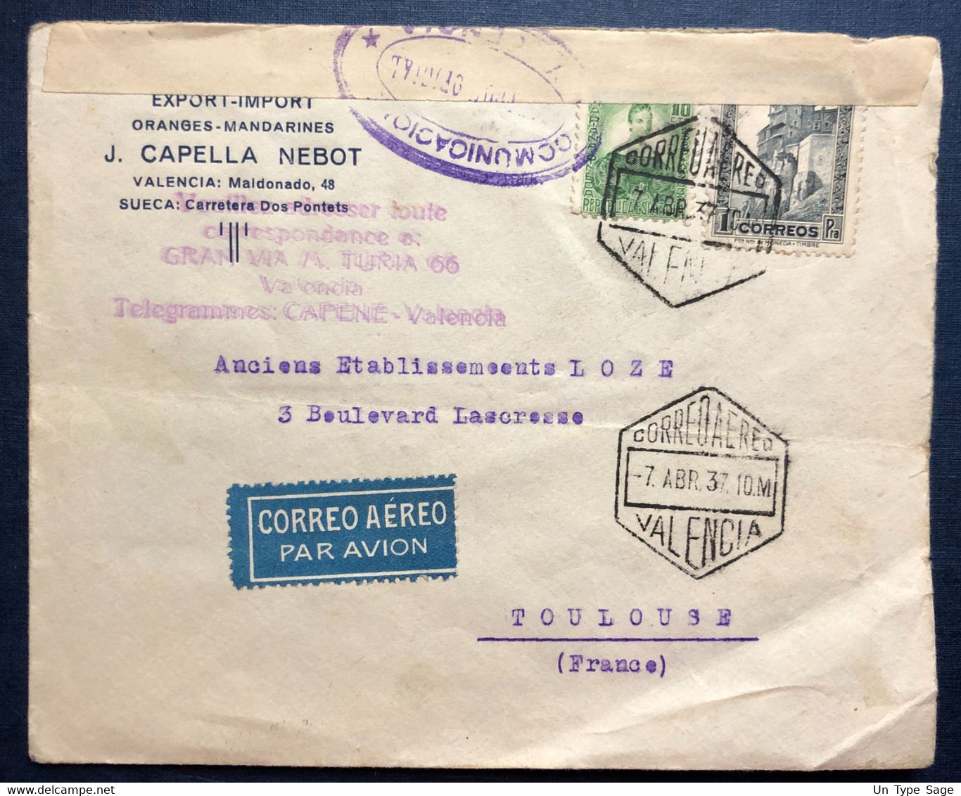 Espagne, Divers Sur Enveloppe Censurée, Valencia 7.4.1937 Pour La France - (B4207) - Storia Postale