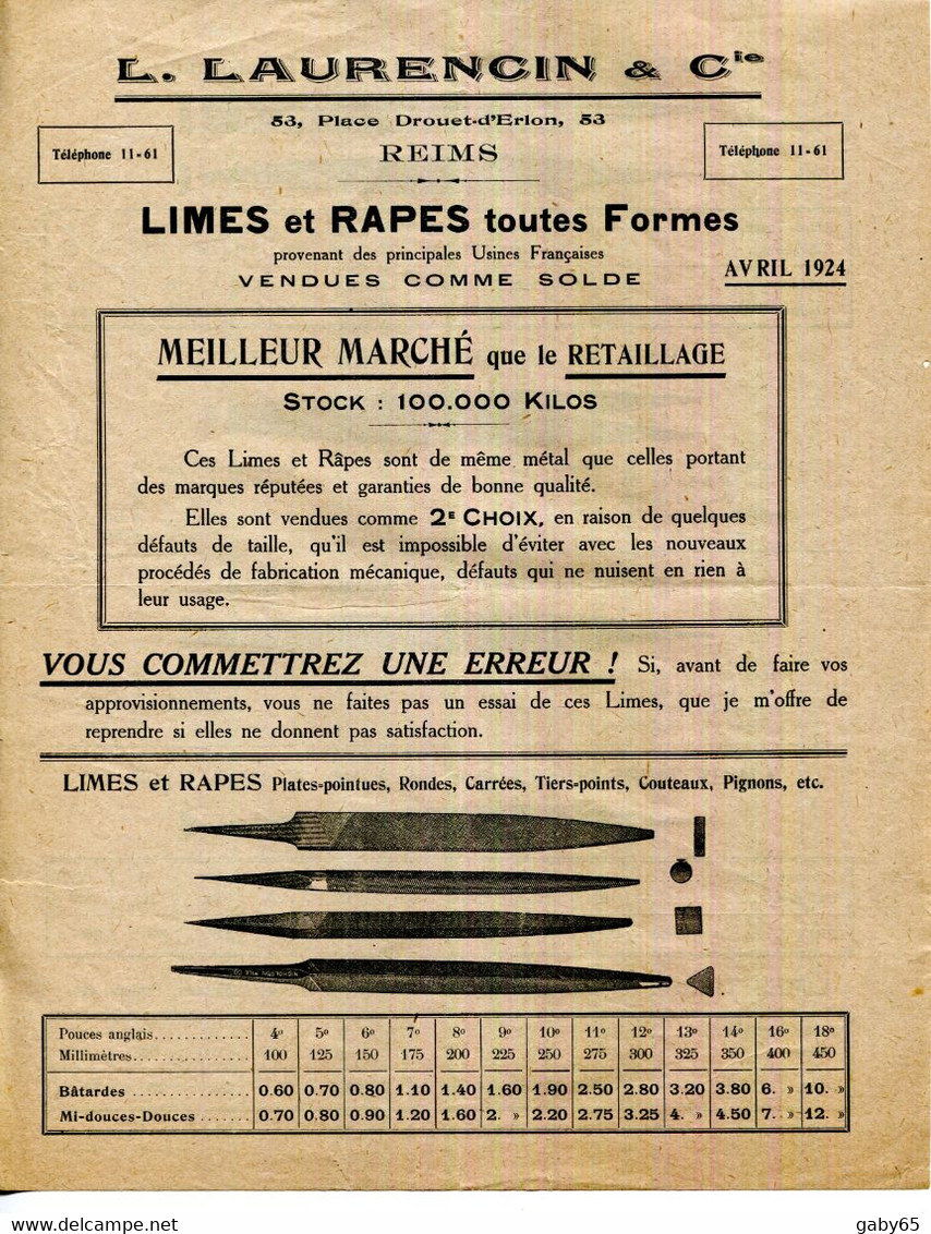 51.MARNE.REIMS.LIMES ET RAPES DE TOUTES FORMES.L.LAURENCIN & Cie. 53 PLACE DROUET D'ERLON. - Advertising
