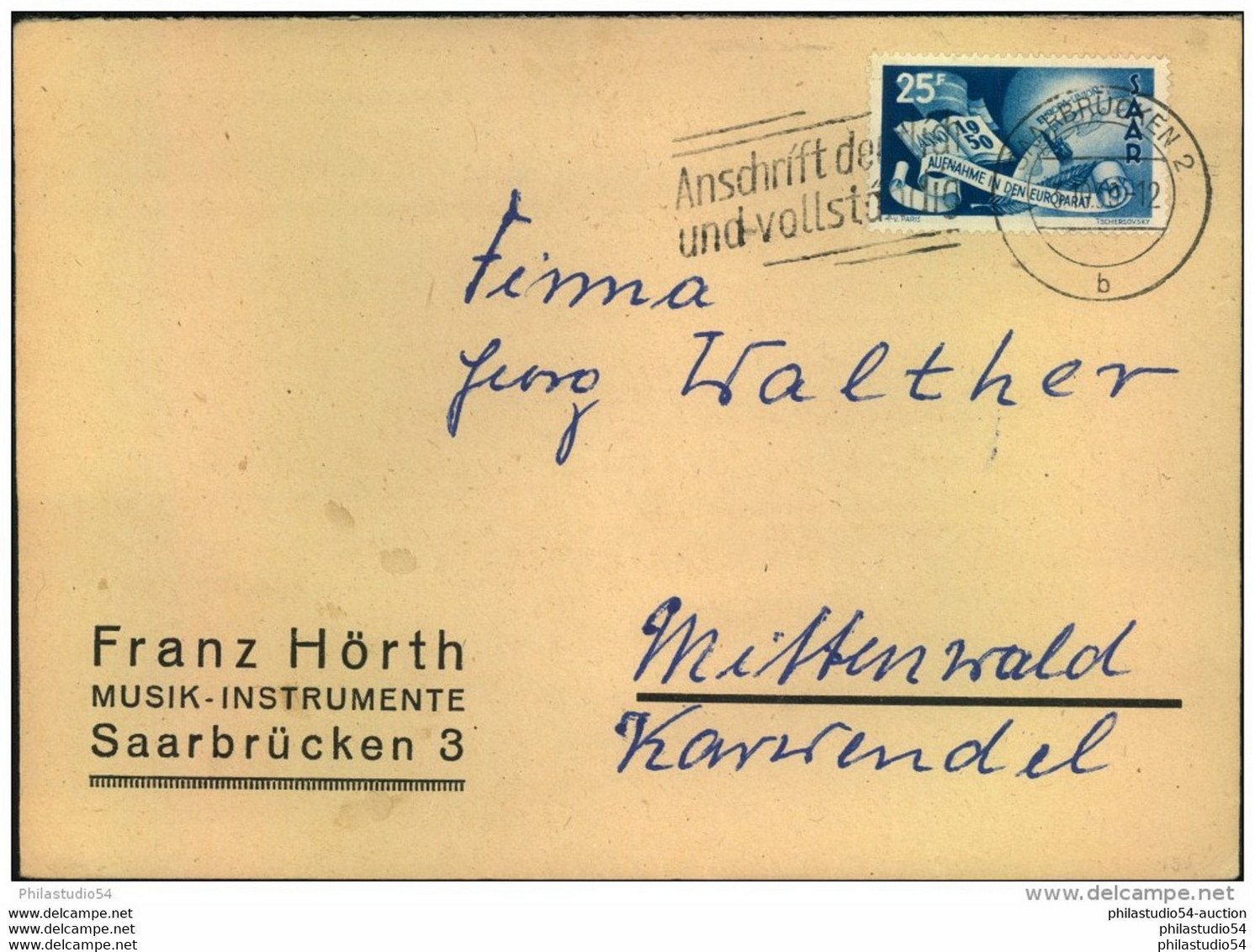 1950, 25 F Europarat, Einzelfrankatur Ab SAARBRÜCKEN 2 (Mi-Nr. 297) - Brieven En Documenten