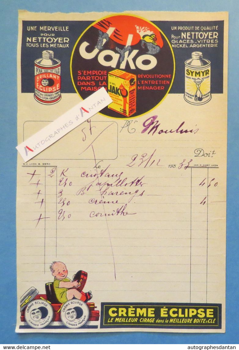● Facture 1933 Sel JAKO - Brillant / Crème ECLIPSE Cirage - Liquide SYMUR - Rare Entête - Papillottes / Harengs Etc... - Droguerie & Parfumerie