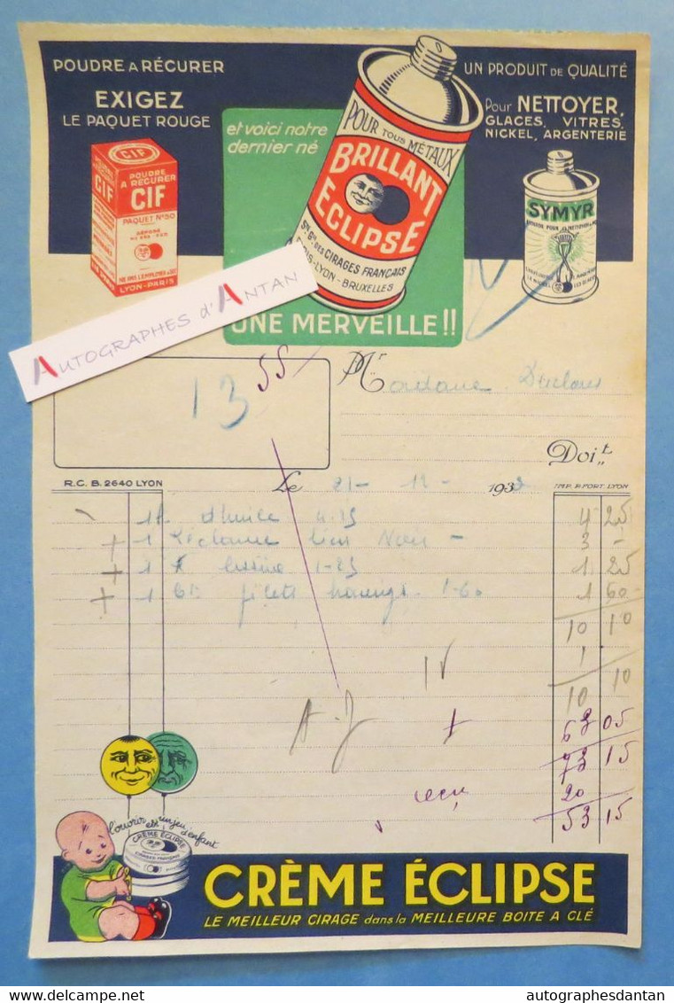 ● Facture 1933 Crème Eclipse - Poudre / Brillant - Symyr - Cirage - à Mme Duclaus - Rare Entête / Illustration - Profumeria & Drogheria