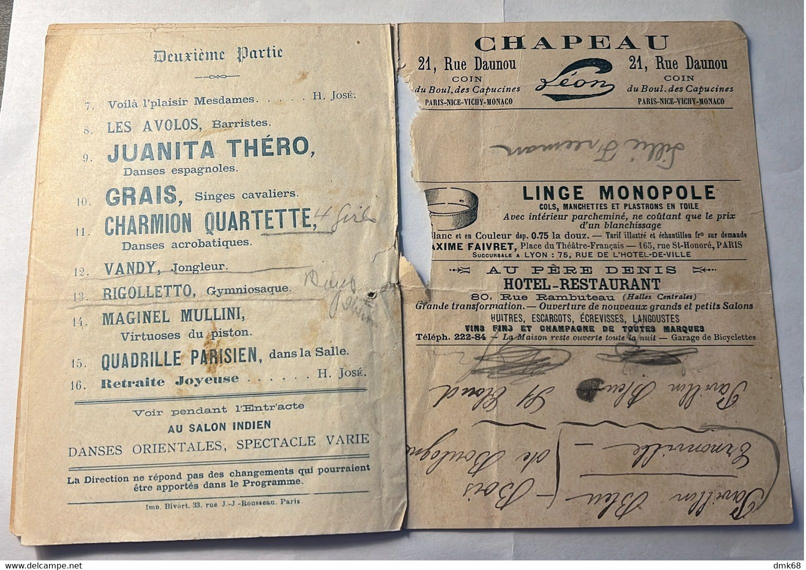 CASINO DE PARIS - PROGRAMME - 1900 - SEE ALL THE PHOTOS / VOIR TOUTES LES PHOTOS - RARE (15735) - Programme