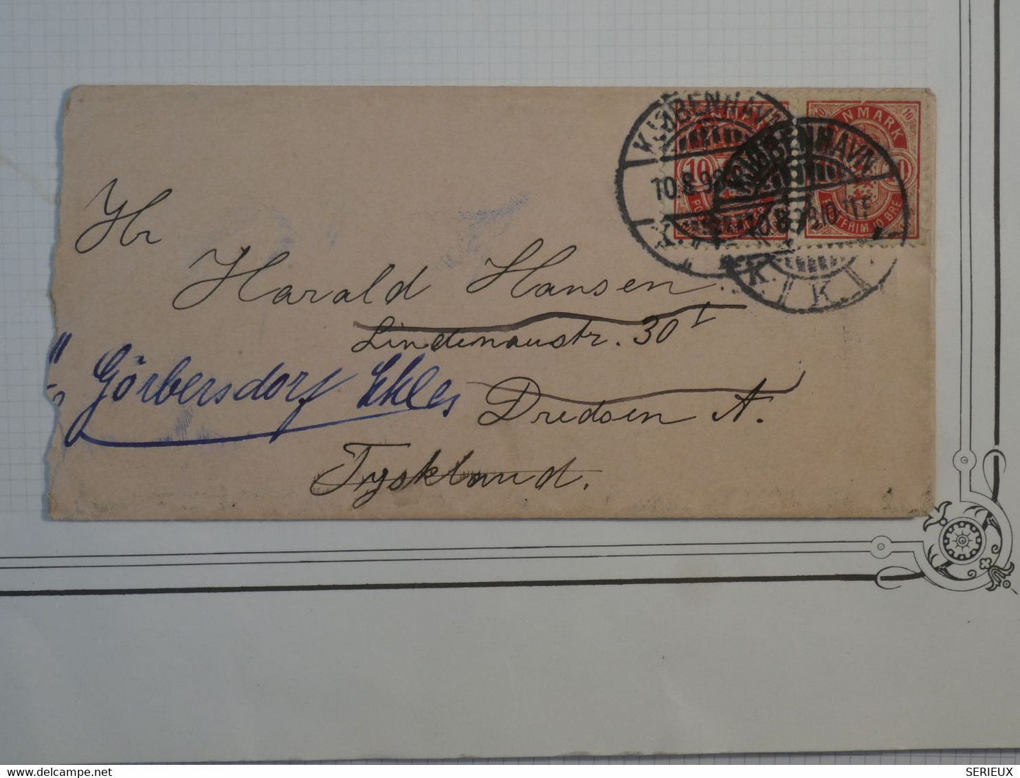 BM12 DANMARK   BELLE LETTRE  1883 COPENHAUE A DRESDEN  GERMANY +REDISTRIB.  + PAIRE DE TP+++AFFRANCH. INTERESSANT++++ - Storia Postale