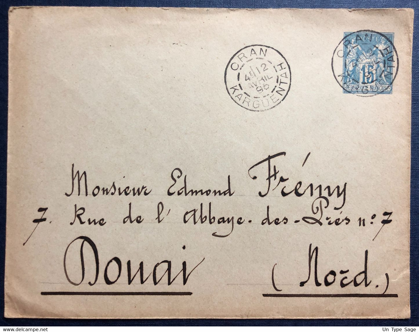 France Entier-enveloppe (n°90) TAD ORAN, KARGUENTAH 12.4.1896 Pour Douai - (B4228) - Standaardomslagen En TSC (Voor 1995)