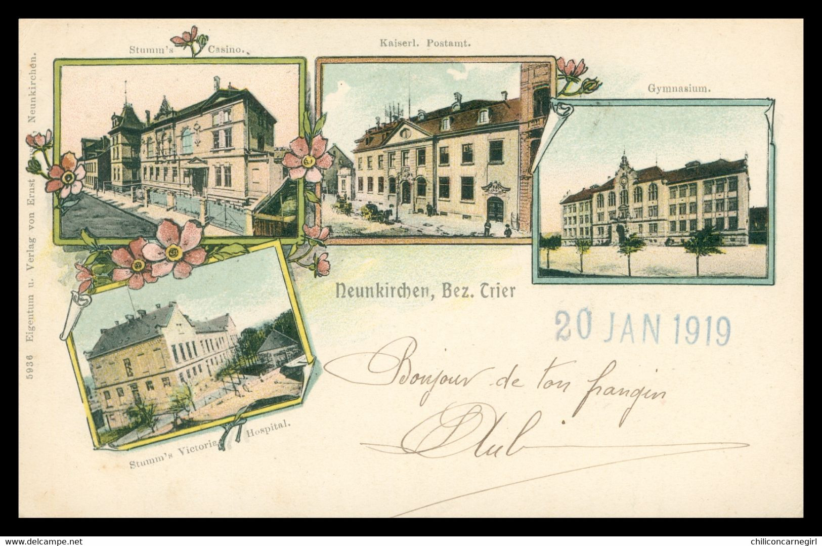 * Litho - NEUNKIRCHEN - BEZ - TRIER - Stumm's Casino Victoria Hospital - Kaiserl. Postamt - Gymnasium - 1919 - Kreis Neunkirchen